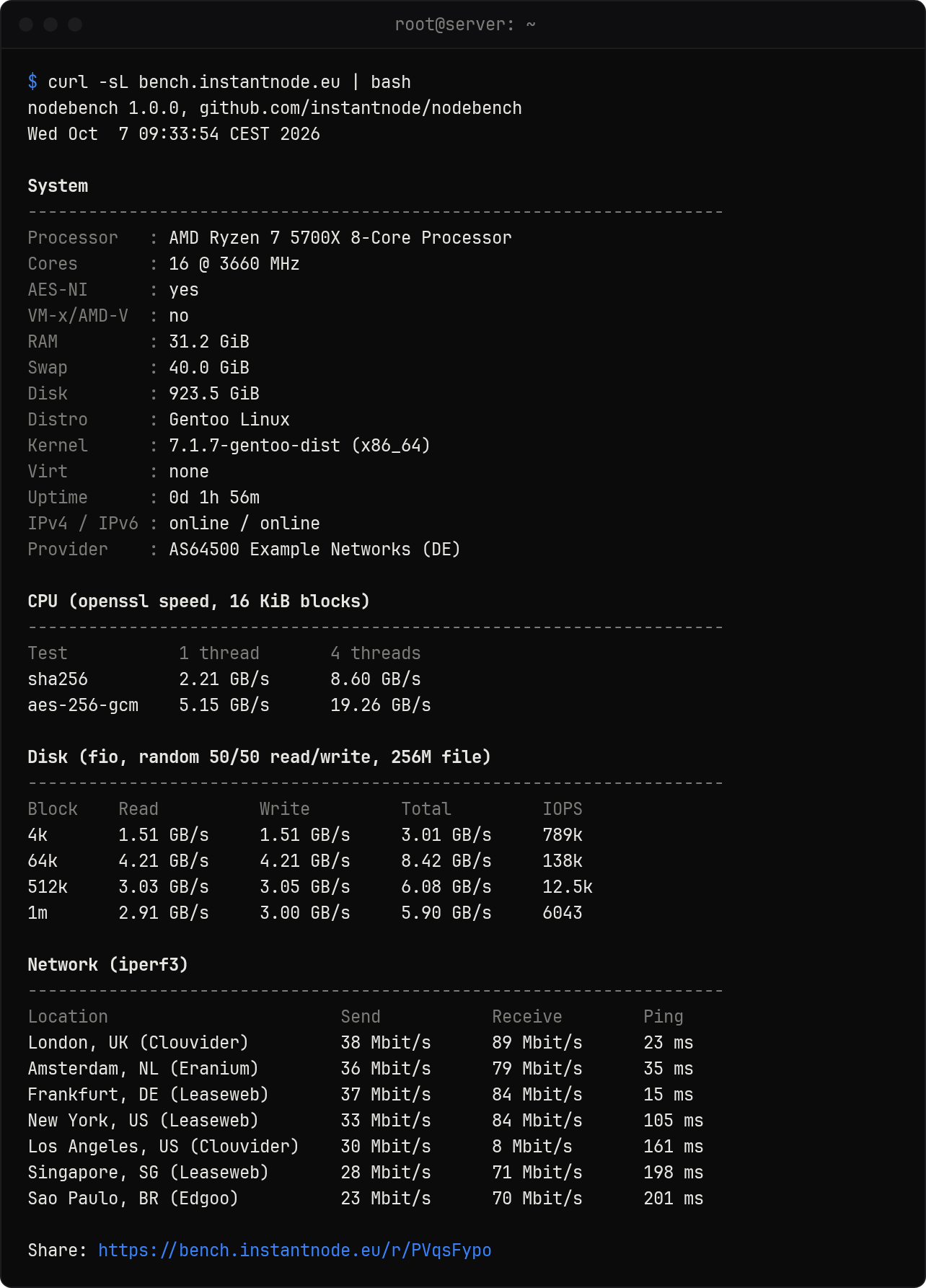 nodebench output in a terminal: system info, cpu, disk and network tables, then the share link